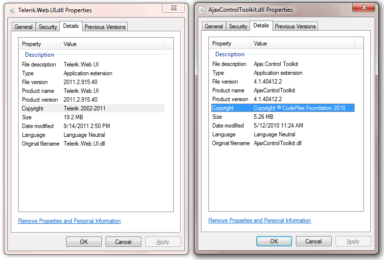 The properties windows of Telerik.Web.UI.dll and AjaxControlToolkit.dll