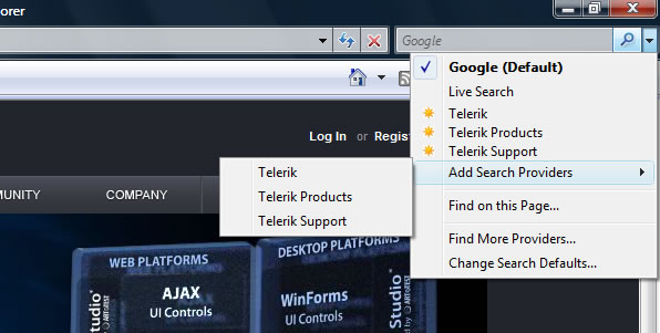Internet Explorer: telerik.com is available in the search box options