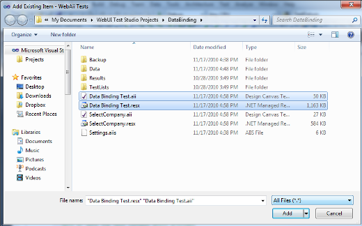 Select the .aii, .resx file. If your test has coded steps, select the code behind file as well.