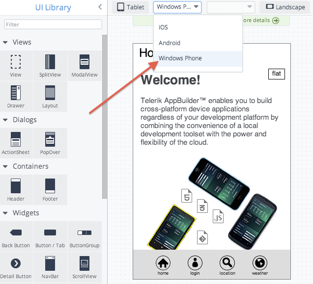 Image of in-browser editor showing Windows Phone controls