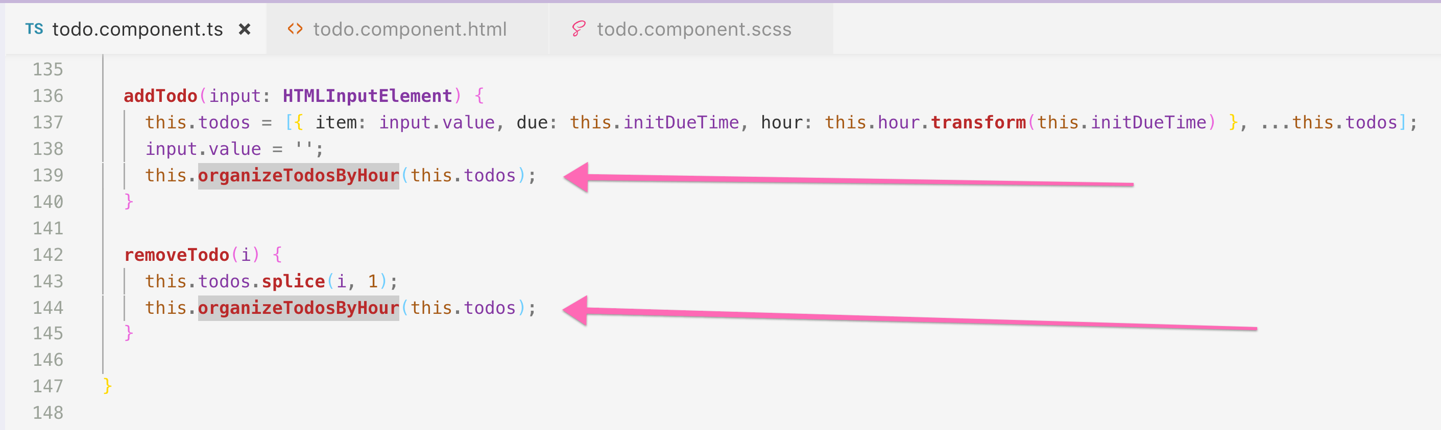 screenshot of calling organize todos by hour method on add and remove