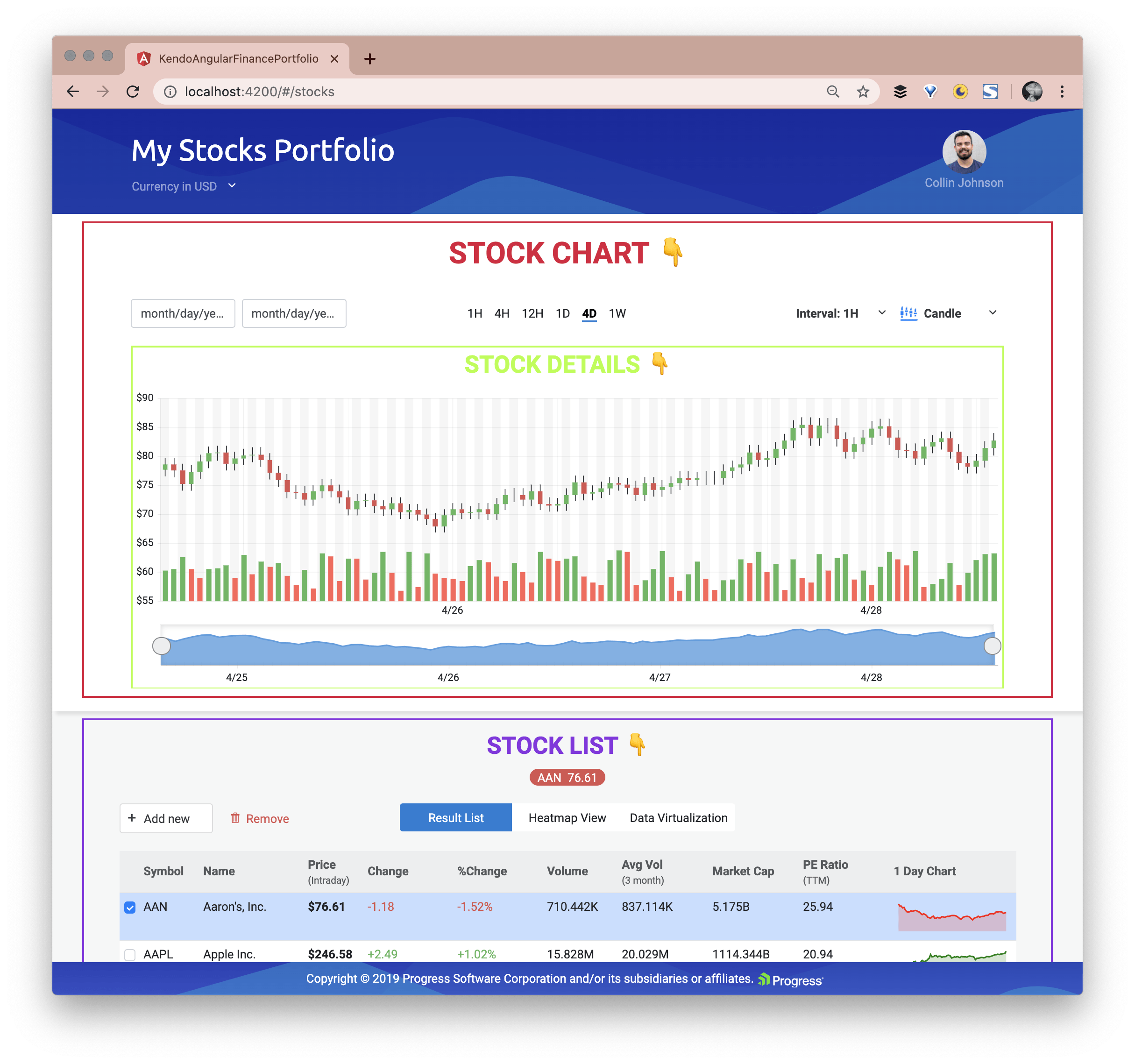 The stock chart, details and stock list screenshot outlining the stock chart, details, and stock list component boundaries