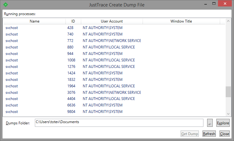 JustTrace create dump file