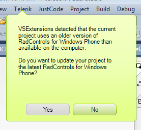 RadControls VSExtensions upgrade message