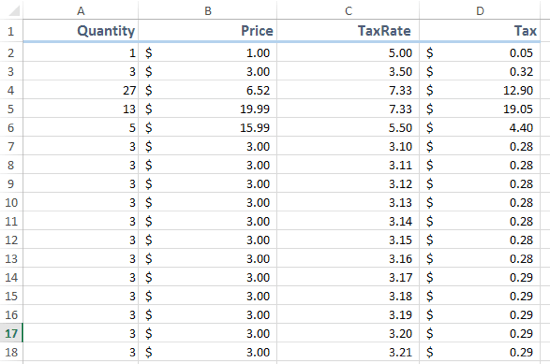 Sample spreadsheet of values for data-bound test automation.
