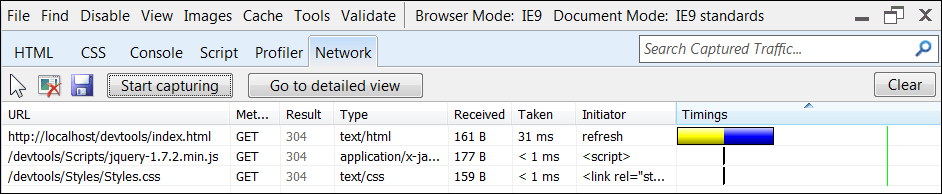 IE9 Network Tab, Captured Results