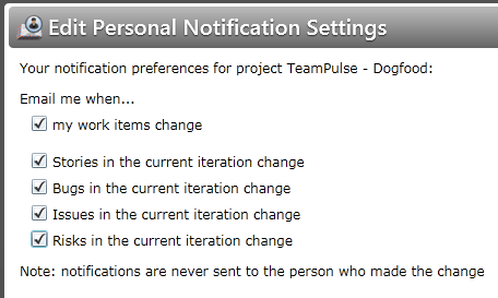 Edit personal email notification settings in TeamPulse