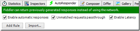 Fiddler AutoResponder tab with 3 boxes ticked