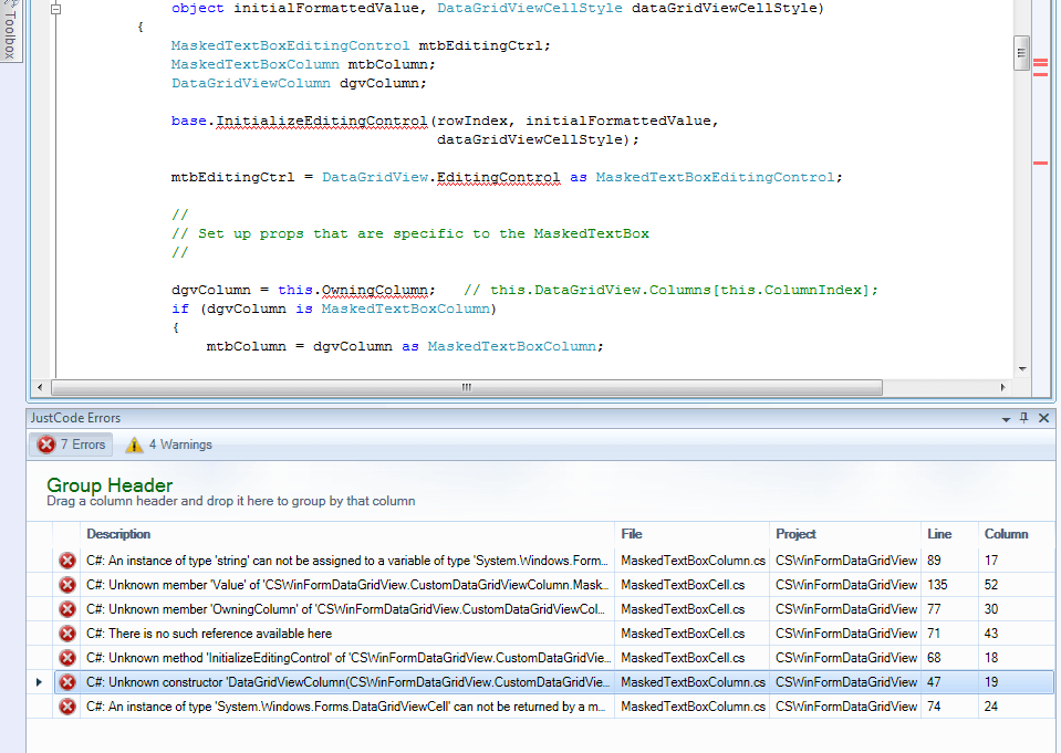 JustCode Errors Window