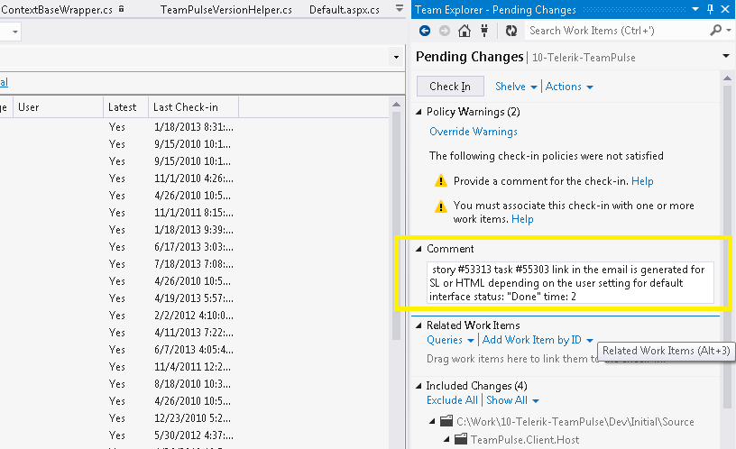 TFS source control integration