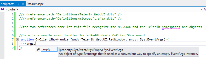 Intellisense shown for objects from the MS AJAX framework in a TypeScript file
