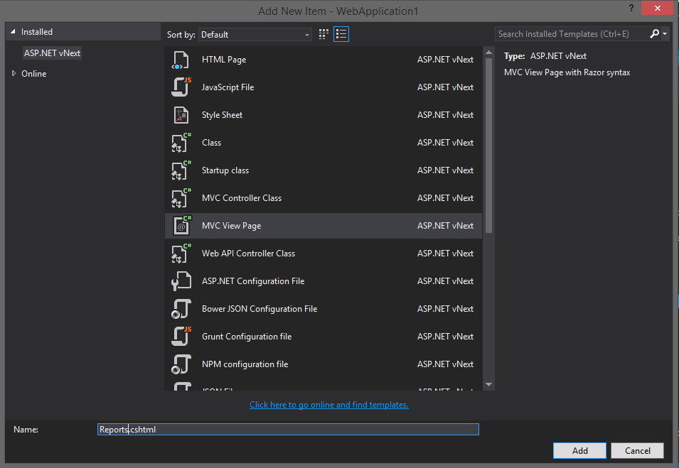 Visual Studio 2015 Preview Add New MVC View Page