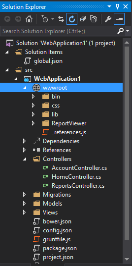 Visual Studio 2015 Preview Solution Explorer wwwroot