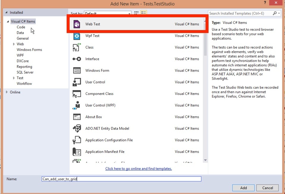 Add test to Visual Studio