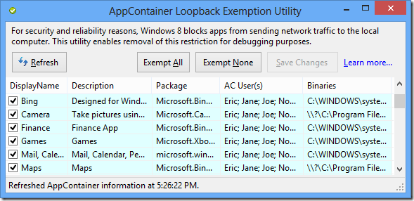 EnableLoopback Utility screenshot