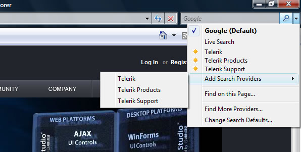 Internet Explorer: telerik.com is available in the search box options