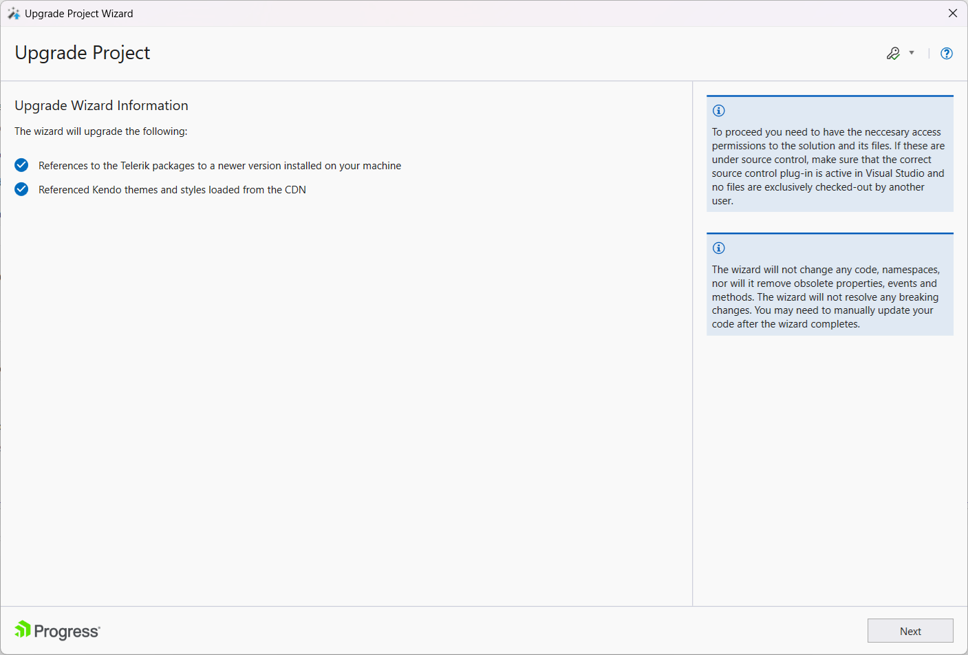 UI for ASP.NET Core Upgrade Wizard Information page