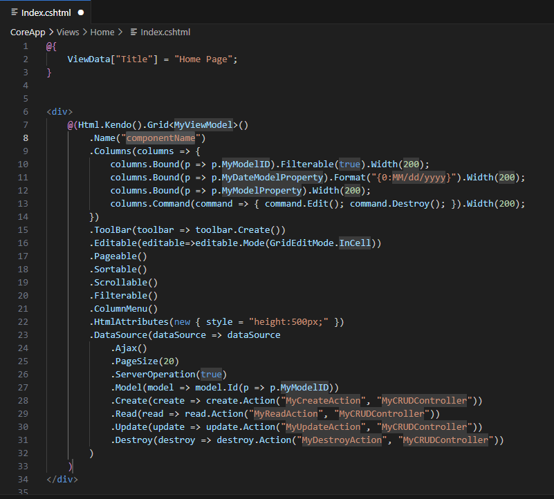UI for ASP.NET Core use the generated code snippet