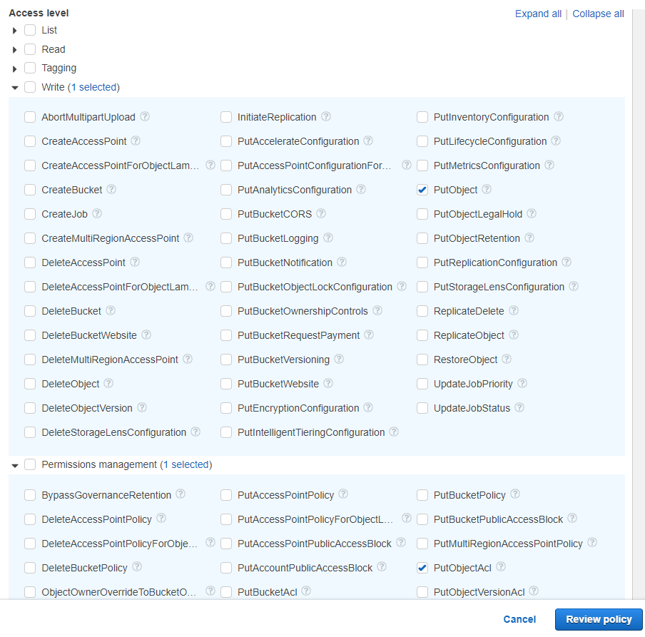 UI for ASP.NET Core Amazon S3 configure restricted permissions
