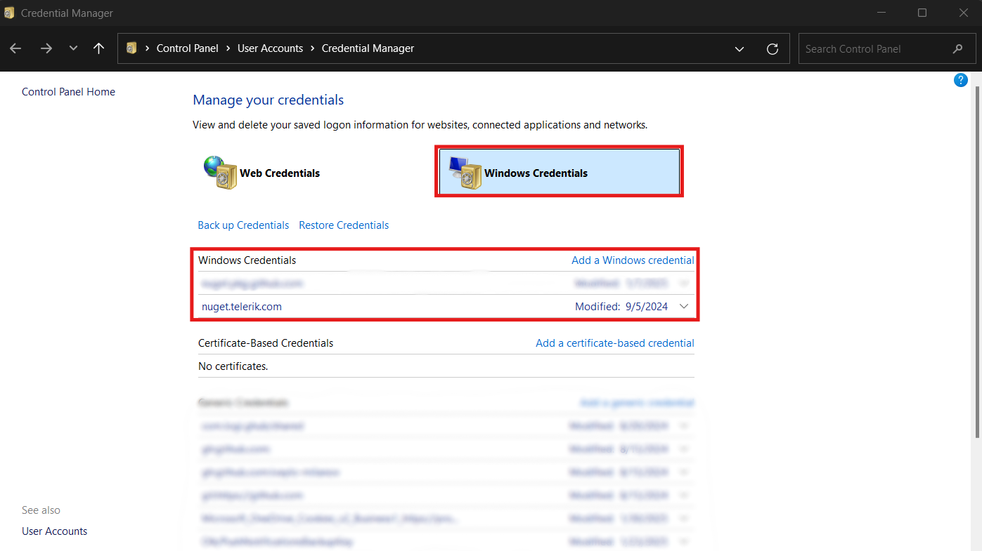 UI for ASP.NET Core Setting up private feed credentials