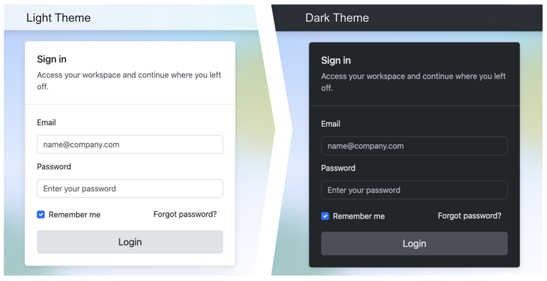 Sign-in form shown in light and dark themes