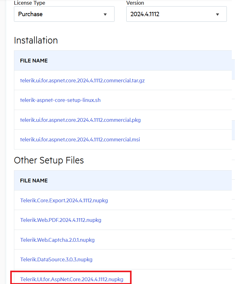 UI for ASP.NET Core Download nupkg file