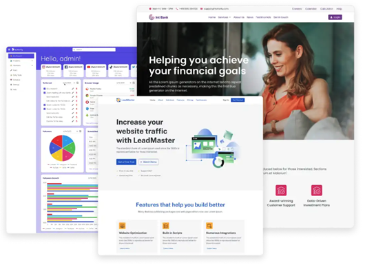 Collage of responsive page templates, including an admin dashboard and landing pages