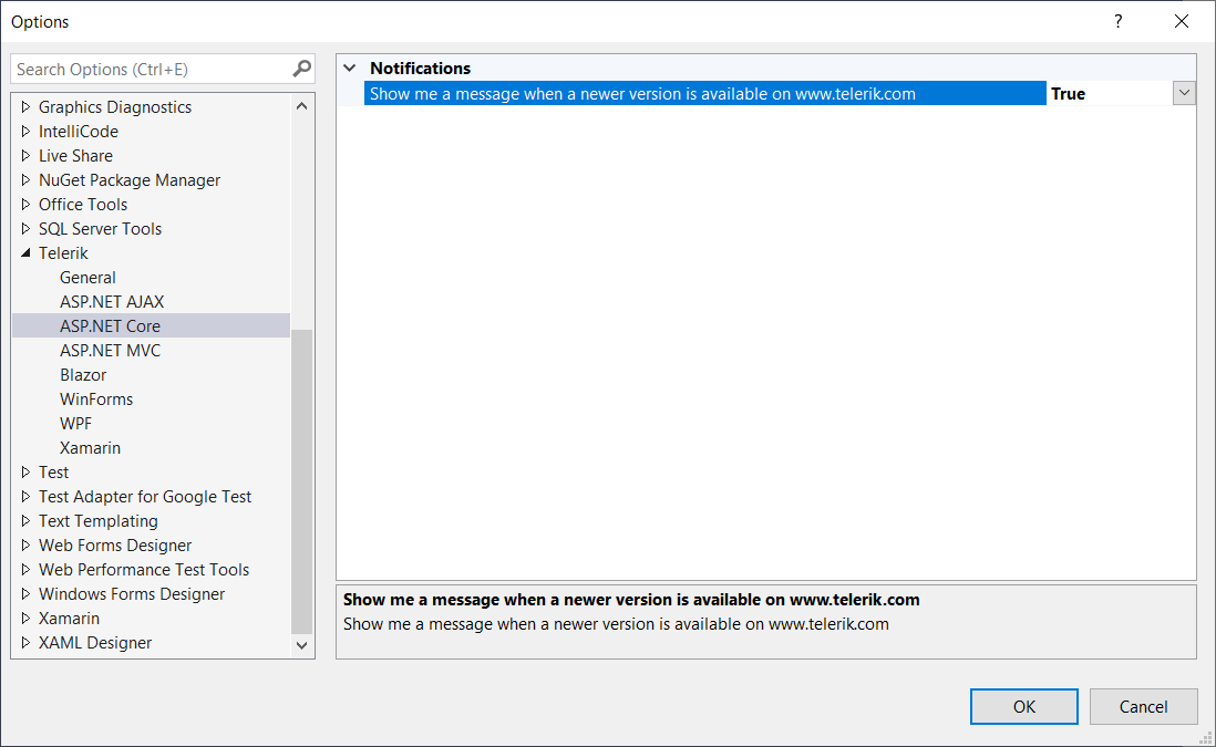 UI for ASP.NET Core The Options dialog
