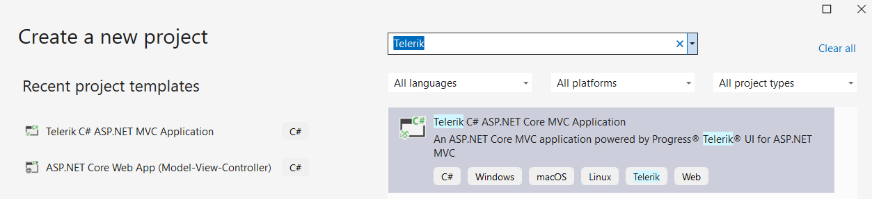UI for ASP.NET Core New project Template