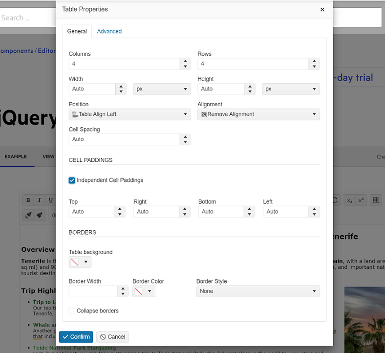 Telerik UI for ASP.NET Core Editor Table Wizard