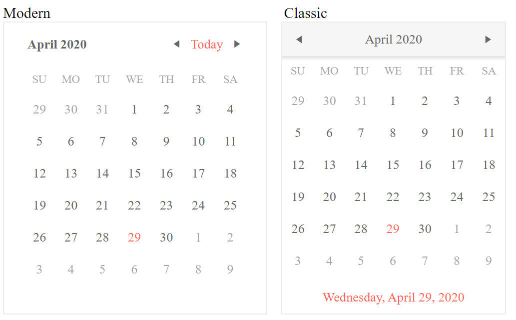 UI for ASP.NET Core Calendar comparison between the component types