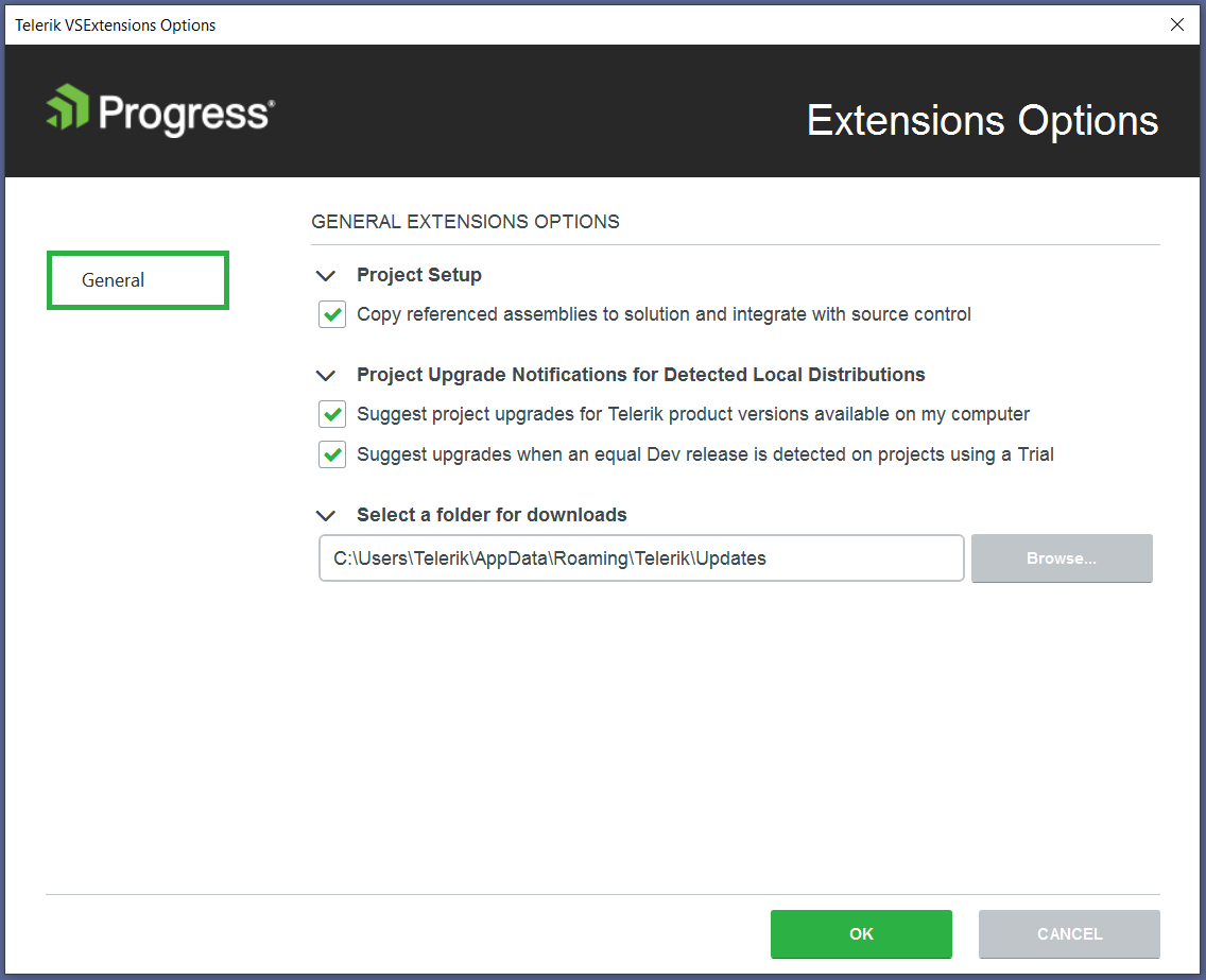 UI for ASP.NET Core The Options dialog
