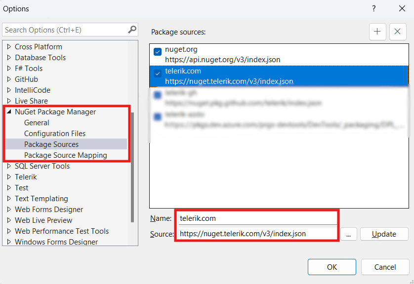 UI for ASP.NET Core Setting up private feed Package Source