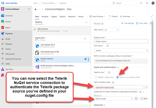 UI for ASP.NET Core Select Telerik NuGet Service Connection
