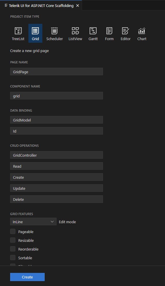 UI for ASP.NET Core Scaffolder project item generator
