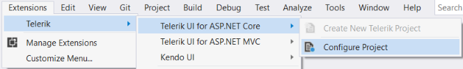 UI for ASP.NET Core Visual Studio 2022 Extensions menu
