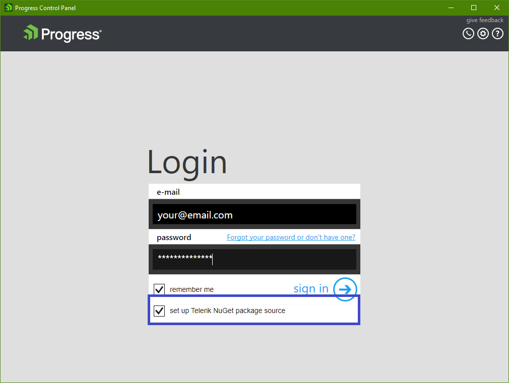 UI for ASP.NET MVC Set Up Nuget on Progress Control Panel Login