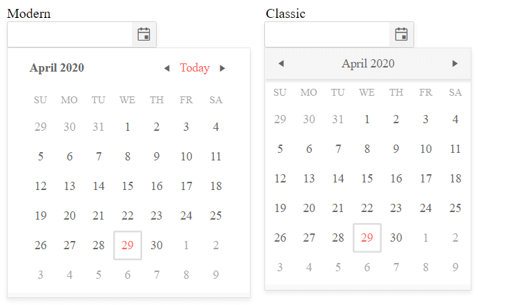 UI for ASP.NET MVC DatePicker comparison between the component types