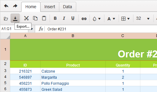 UI for ASP.NET MVC Spreadsheet activating the Export to Excel dialog