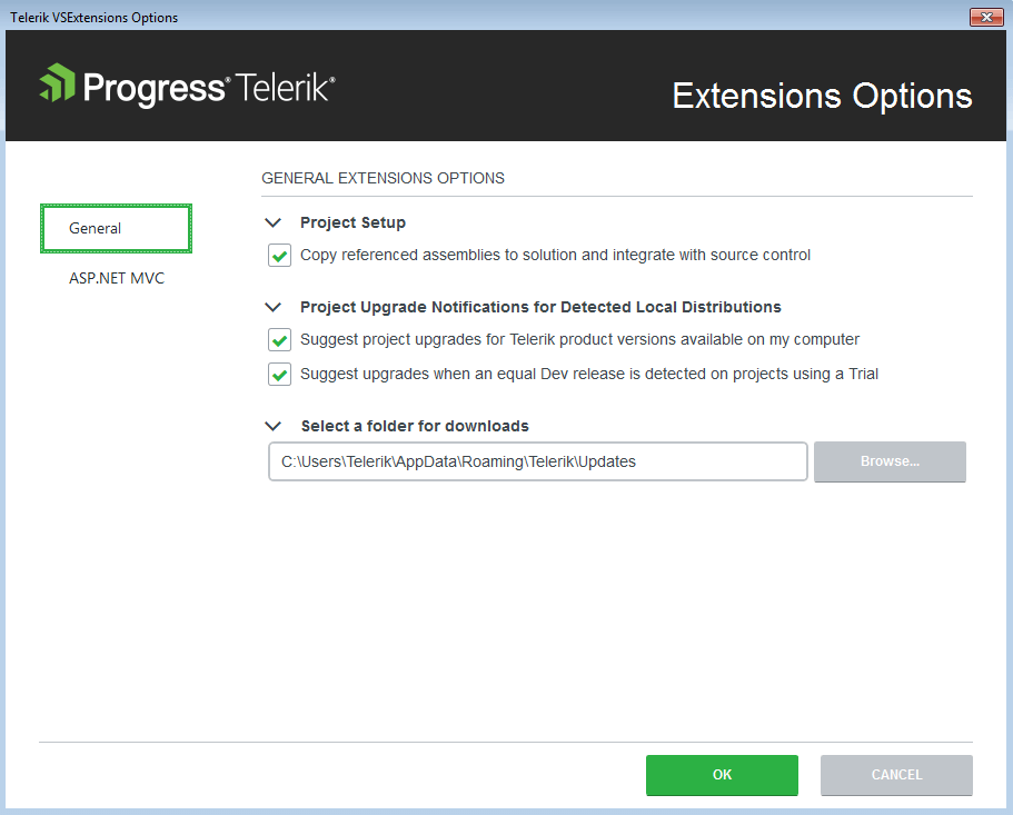 UI for ASP.NET MVC The Options dialog