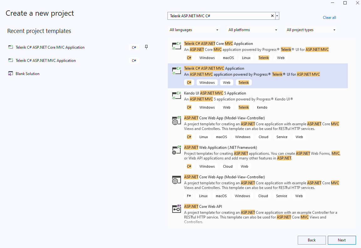 UI for ASP.NET MVC Create a new Telerik application