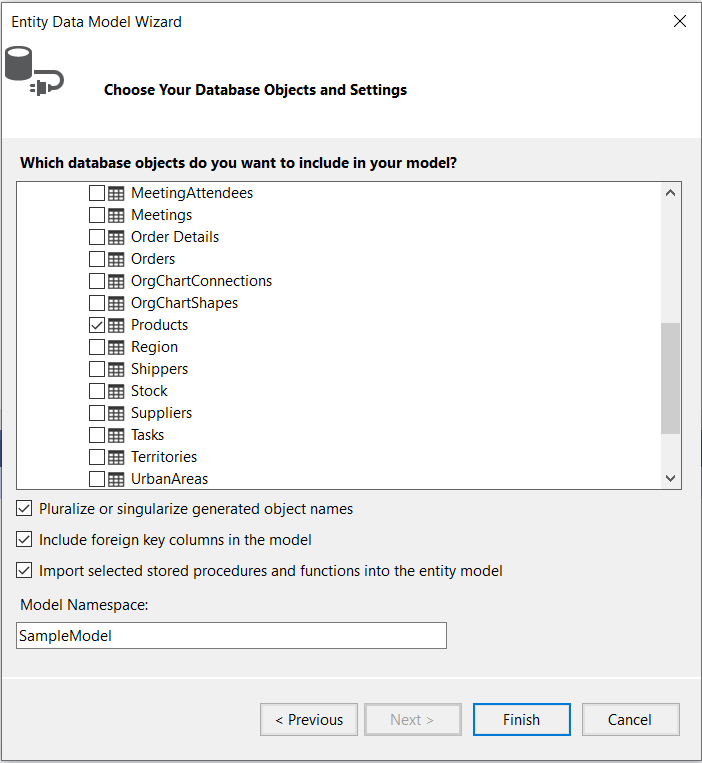 UI for ASP.NET MVC Choosing the Products table in the database objects