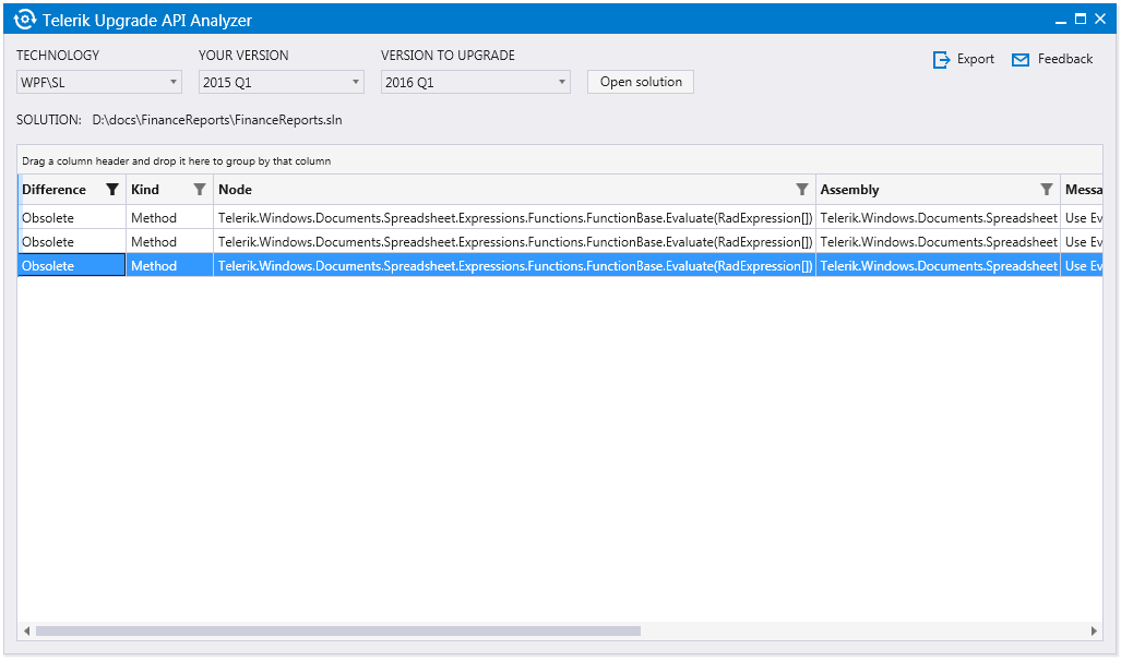 UI for ASP.NET MVC The Upgrade API Analyzer lists the found differences