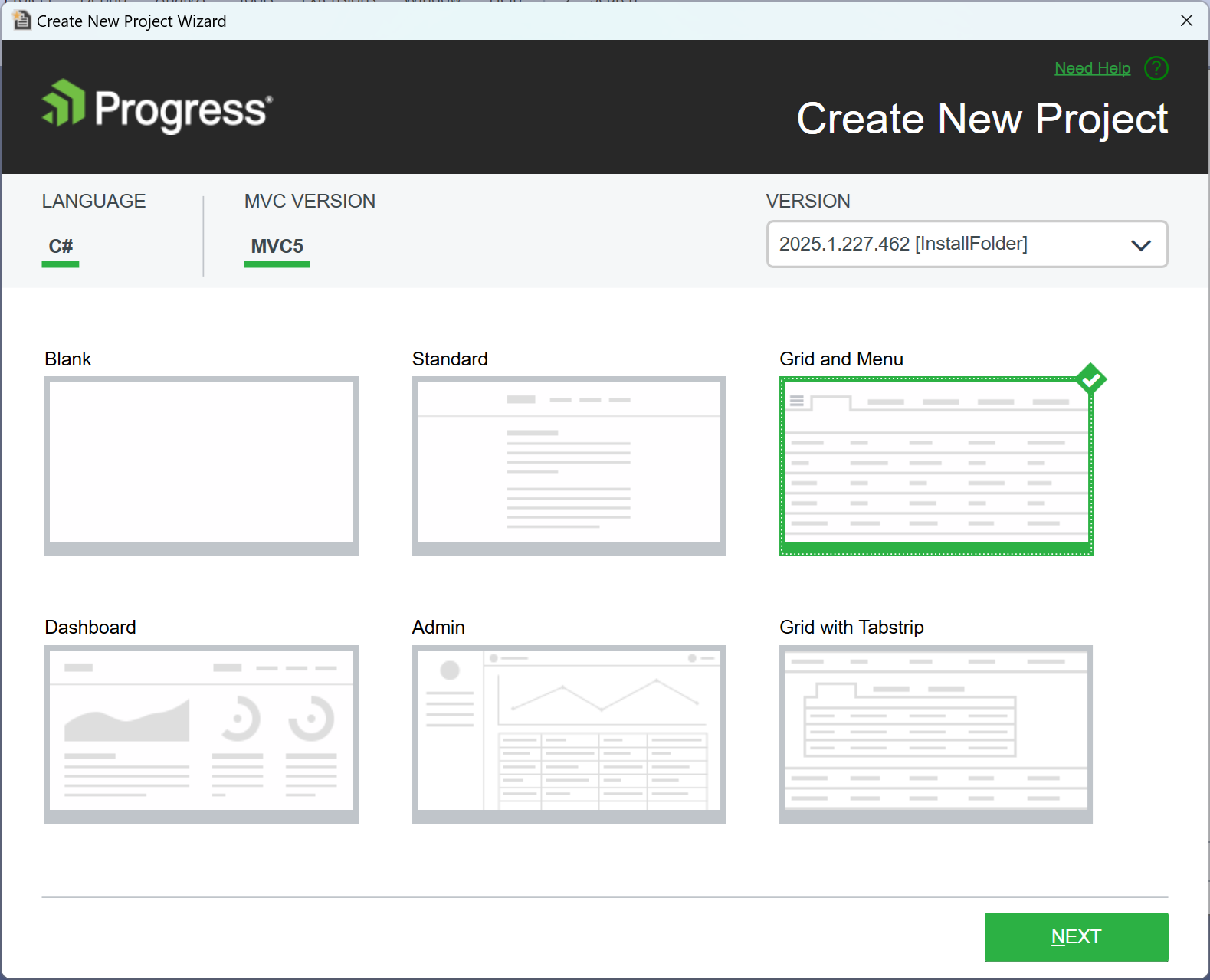 UI for ASP.NET MVC Project template options