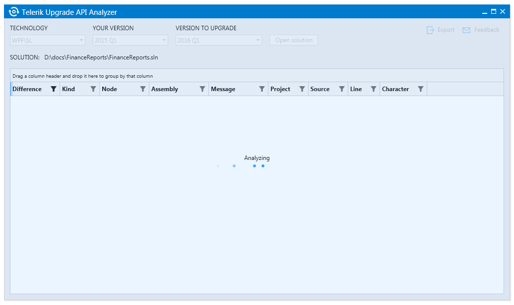 UI for ASP.NET MVC The tool starts analyzing as soon as you open a solution
