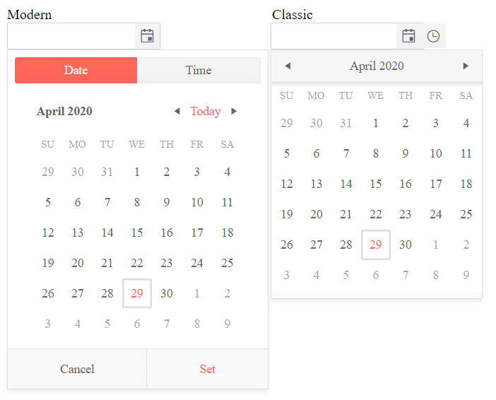 UI for ASP.NET MVC DateTimePicker comparison between the component types