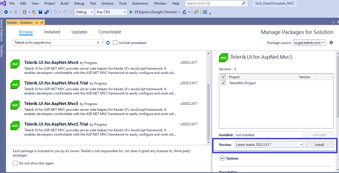 UI for ASP.NET MVC Selecting and installing the NuGet package