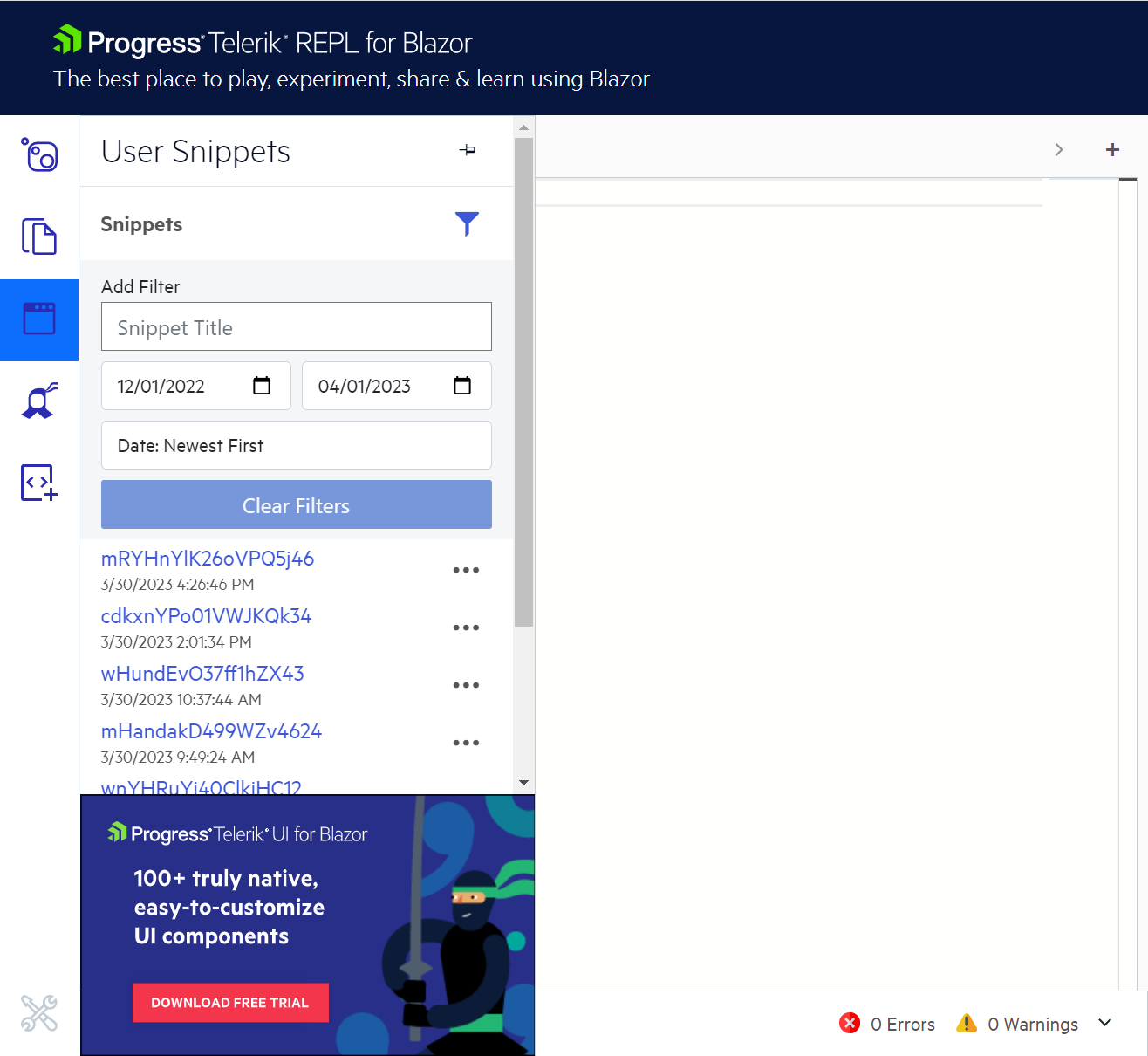 User Snippets menu in Telerik REPL for Blazor