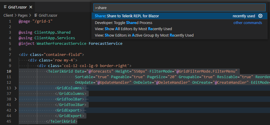 Share Using the Code Editor Context Menu