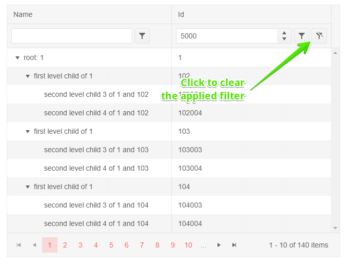 Blazor TreeList Filter Row Clear